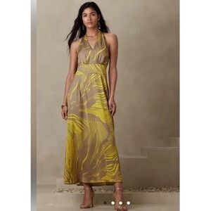 Banana Republic Halter Maxi Dress Yellow Palm Print Petite‎ 16